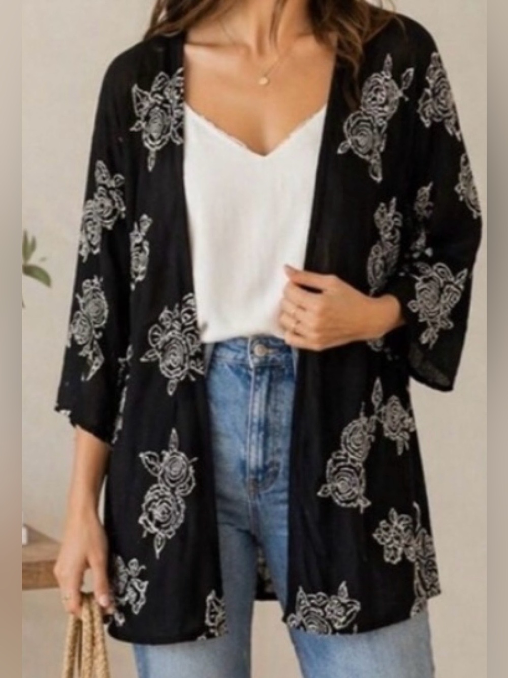 Ivory Love Black Floral‎ Embroidered Kimono Sheer Boho Cardigan Small